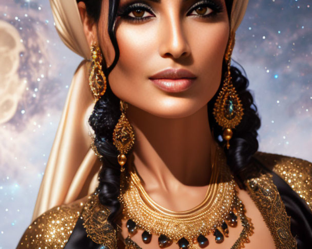 Luxurious woman in golden jewelry with cosmic backdrop