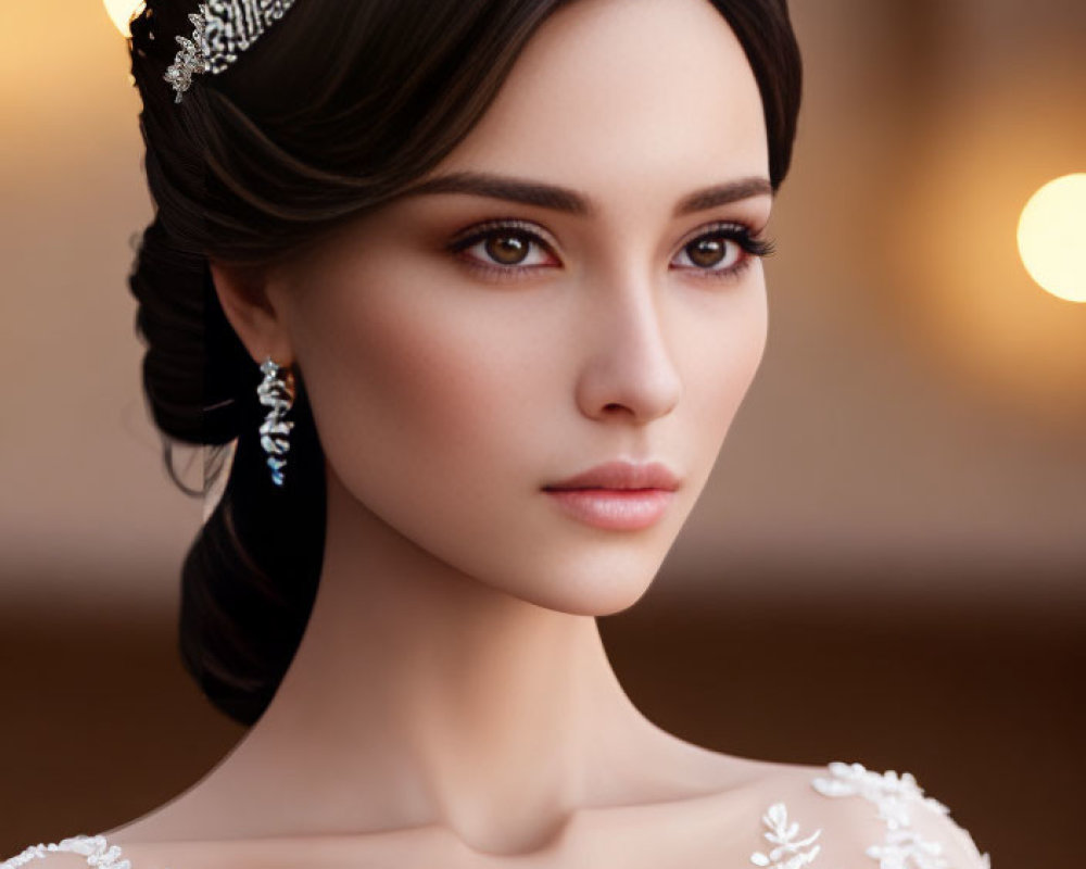 Sophisticated Bridal Updo with Hair Accessory, Elegant Earrings, and White Lace Dress