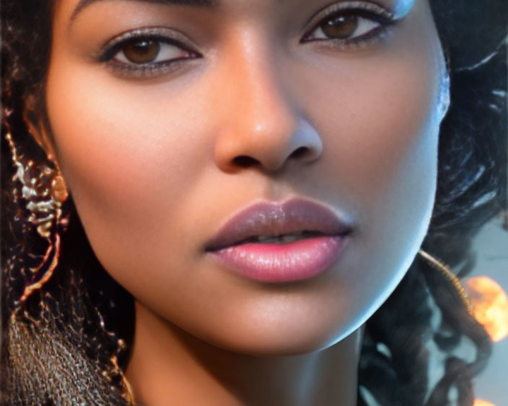 Portrait of Woman with Clear Skin, Full Lips, Dark Curly Hair, and Gold Jewelry on Soft