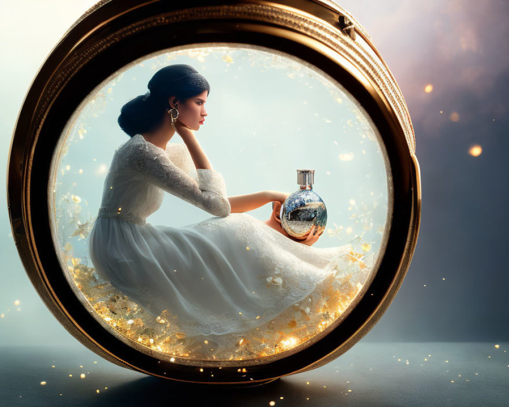 Woman in white gown holding perfume bottle in circular frame with dreamy background