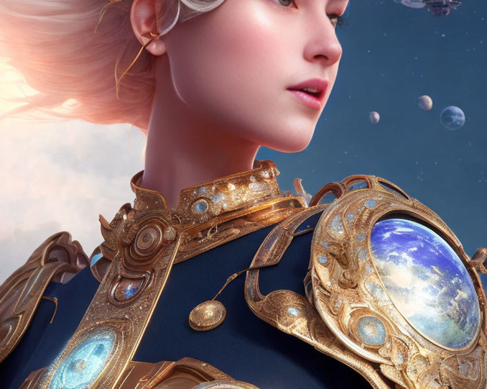 Digital art portrait of woman with white hair in celestial golden armor against sky with floating planets