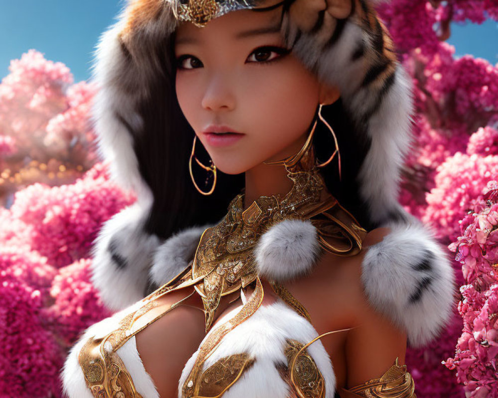 Digital art: Woman in tiger-themed attire with gold jewelry, armor, amid pink blossoms