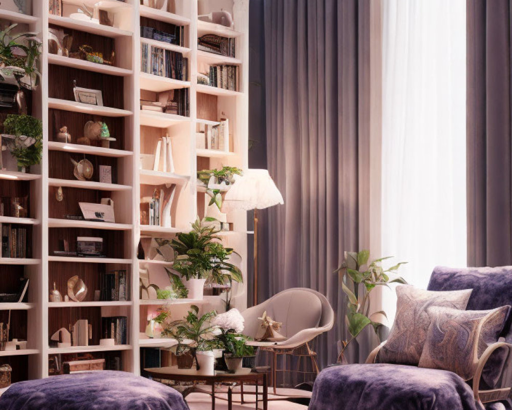 Serene Home Interior with Purple Chairs, White Sofa, Bookshelf, Plants