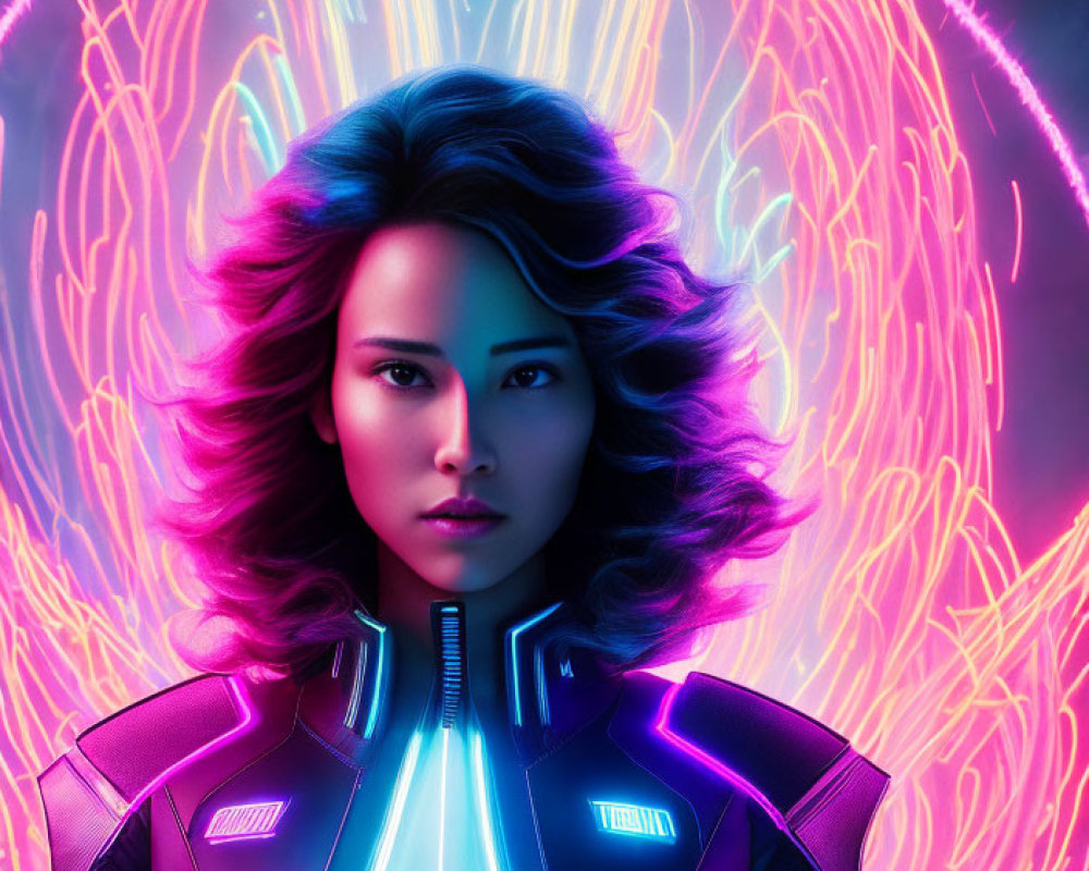 Intense gaze woman in futuristic suit against vibrant neon background