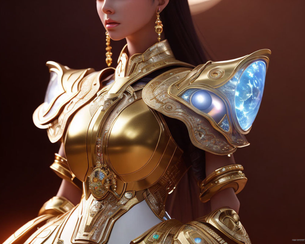 Female character in ornate golden armor with blue glowing elements