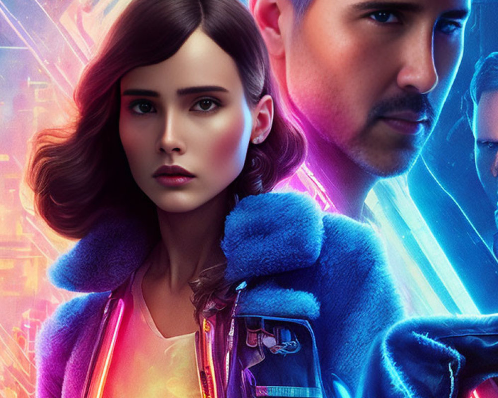 Stylized poster with woman in fur coat and man in futuristic cityscape