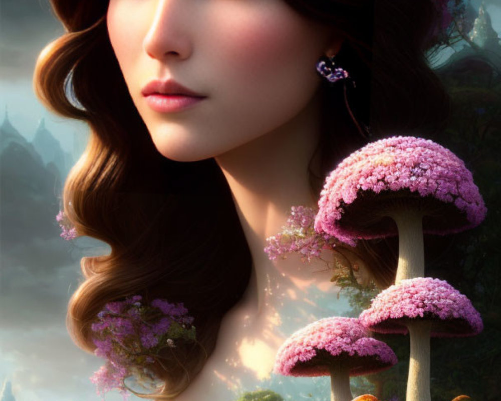 Woman with Flowers in Hair Among Pink Fantasy Mushrooms in Lush Landscape