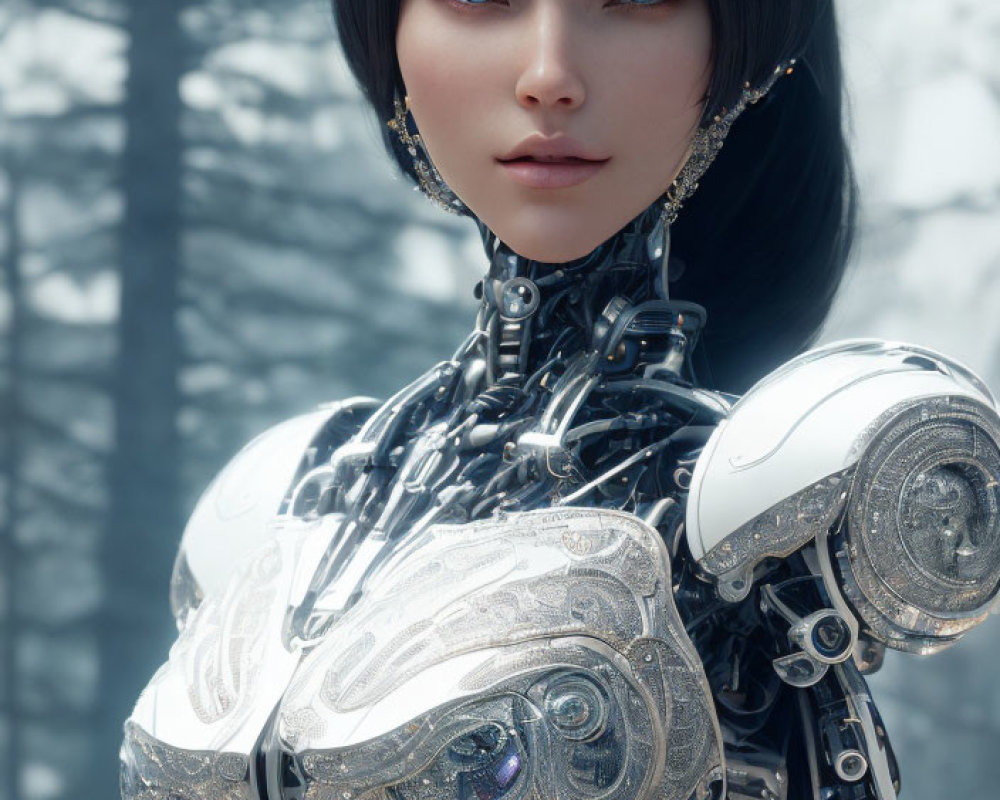 Female android in silver armor with delicate features against blurred tree backdrop