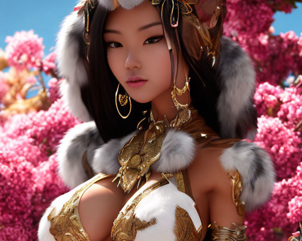 Digital artwork: Female character in golden armor with Asian features among pink blossoms