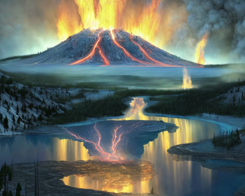 Volcanic eruption with fiery lava, reflective lake, twilight sky