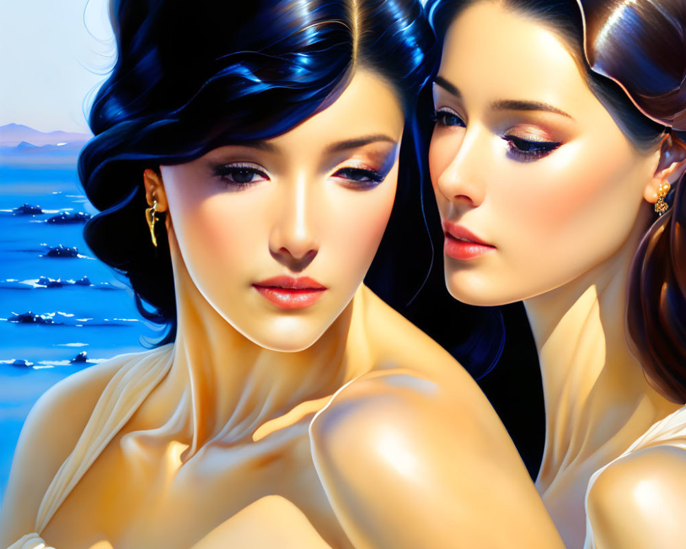 Stylized women with glossy hair and makeup by sunlit sea