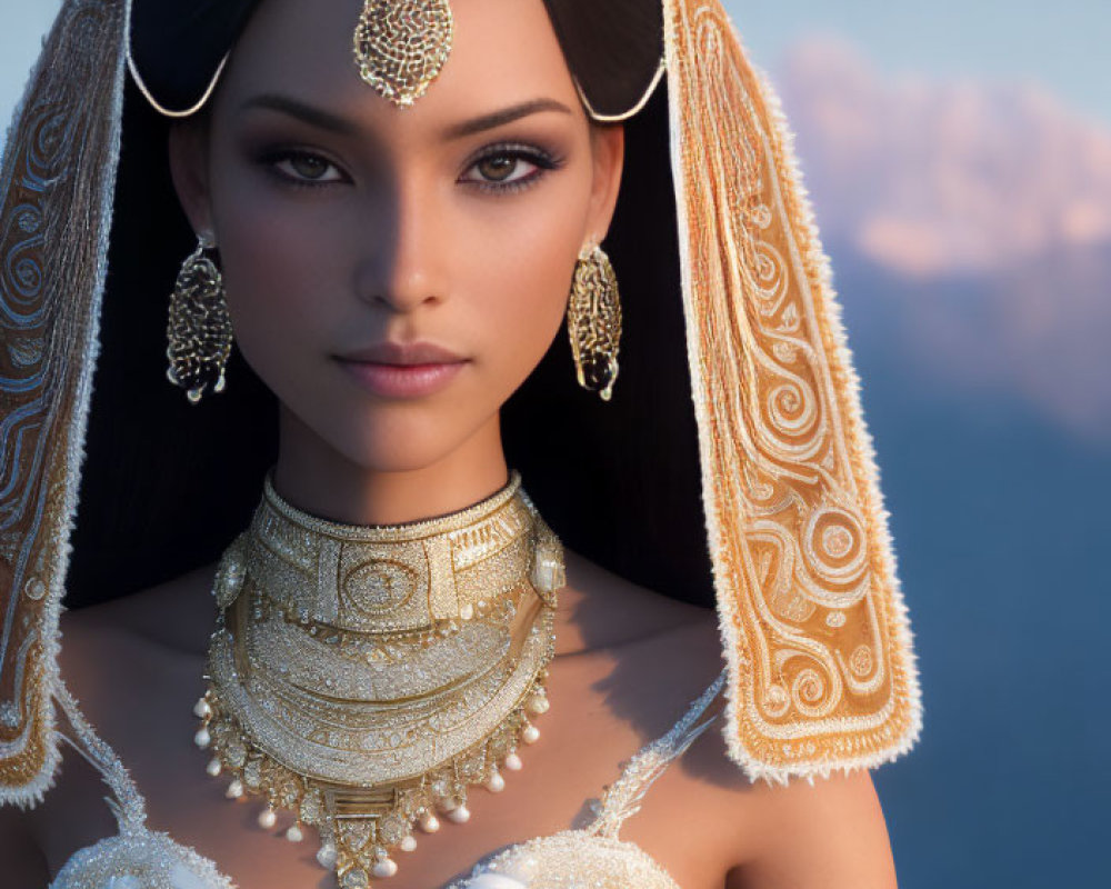 Elaborate Headdress Woman in 3D Rendered Image