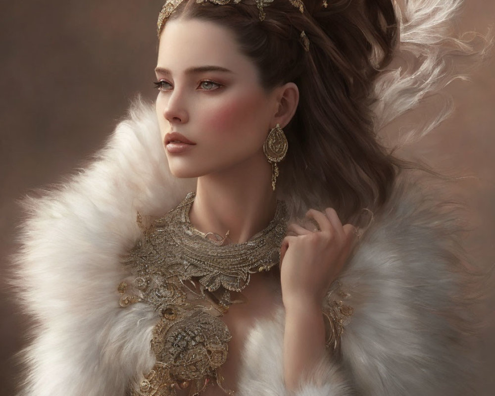 Regal woman in gold jewelry and fur cloak exudes elegance