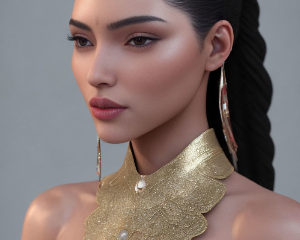 Woman with sleek ponytail in statement gold jewelry