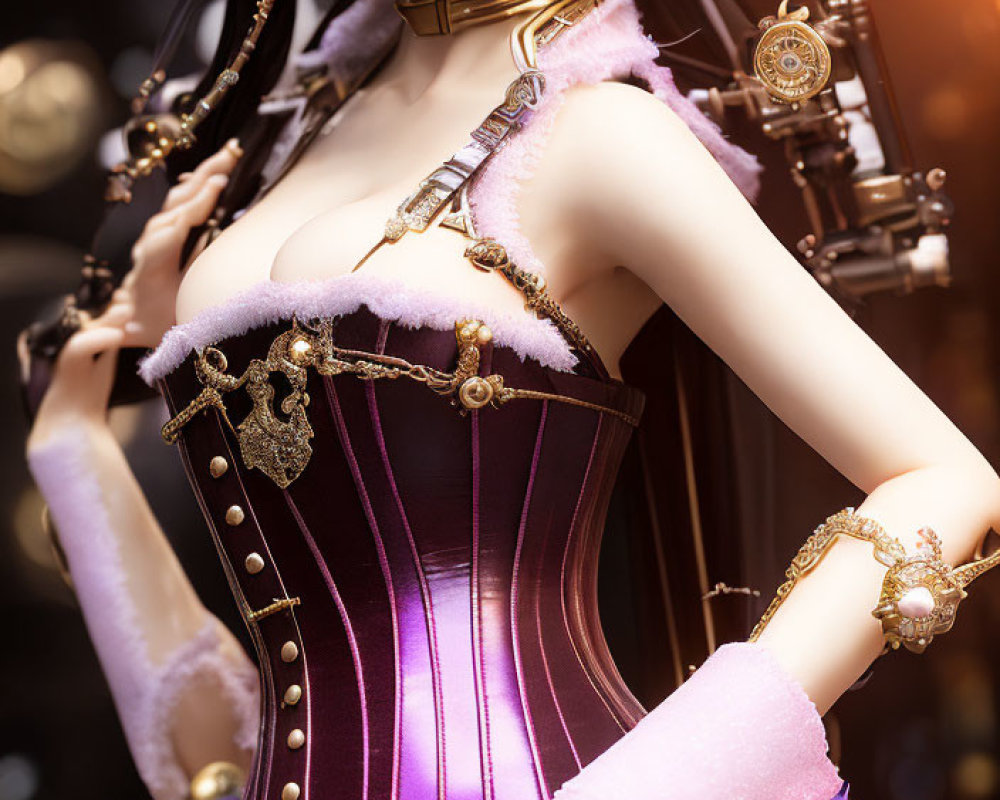 Detailed close-up of doll in purple corset with gold accents and pink fluffy shoulders on dark background