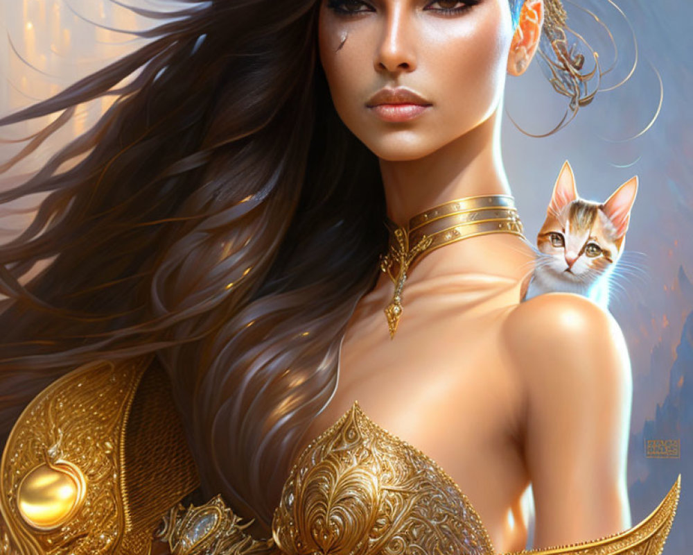 Digital artwork of woman with golden jewelry and kitten on shoulder, mystical ambiance