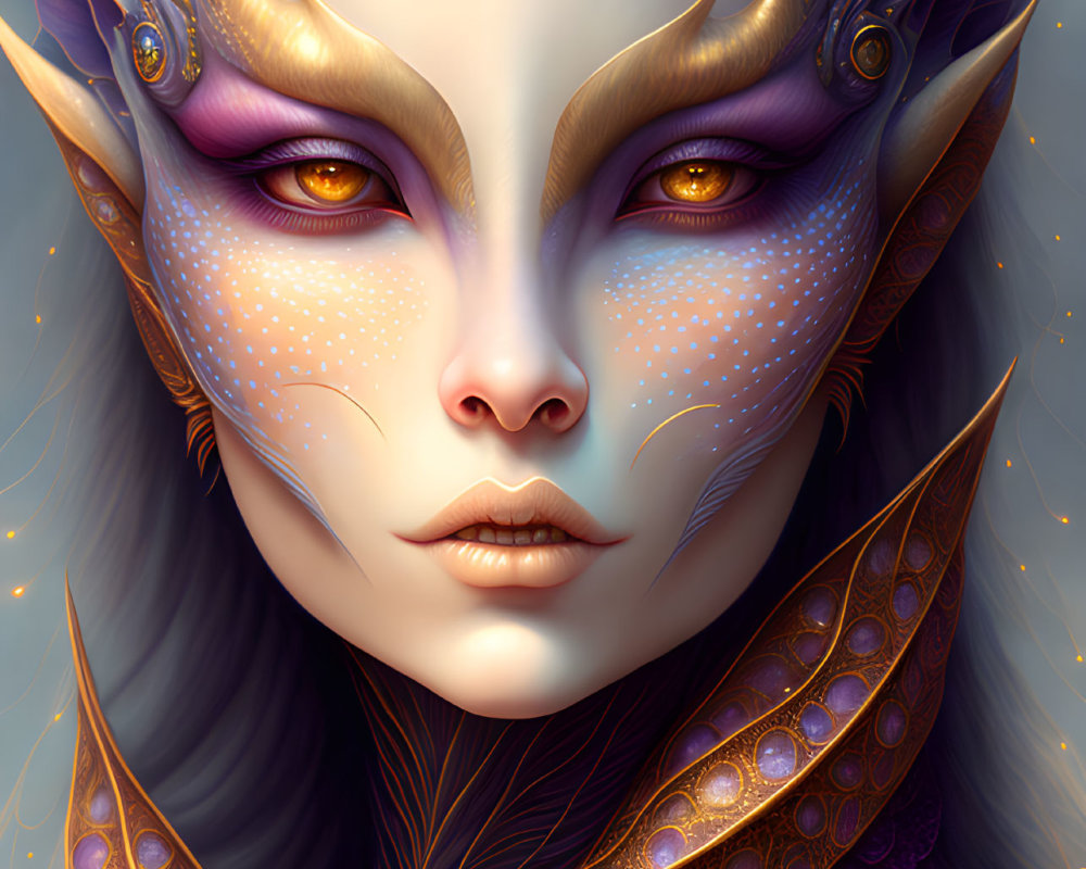 Detailed Fantasy Female Character with Elf-like Features and Ornate Purple & Gold Accessories