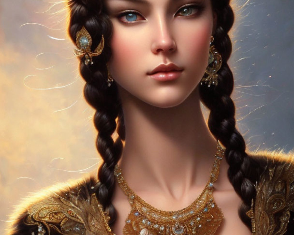 Regal woman digital artwork with braided dark hair and gold jewelry