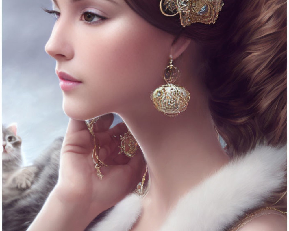 Elegant woman with gold headpiece and kitten on shoulder gazes thoughtfully.