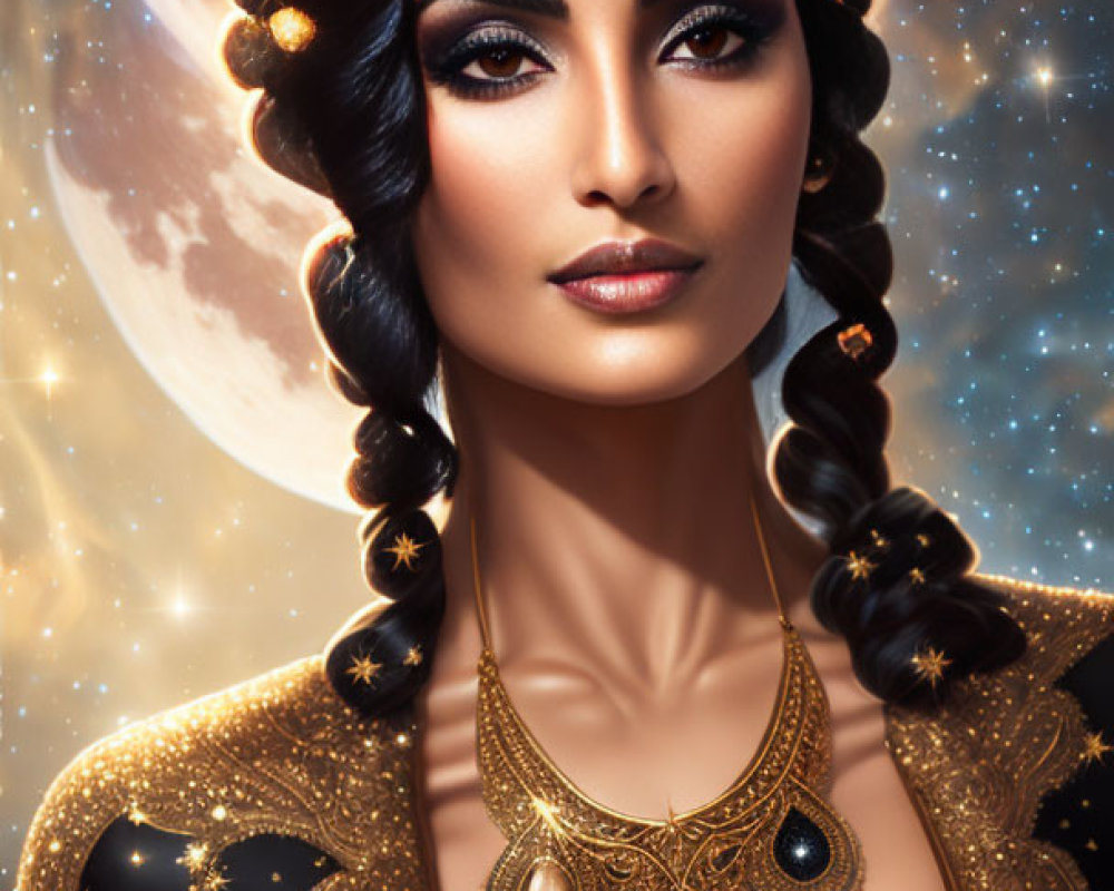 Woman with Cosmic Background and Elegant Jewelry Hairstyle