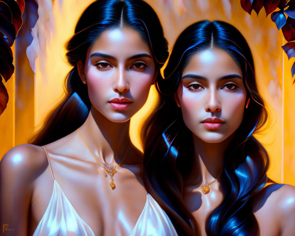 Twin women with dark hair and golden jewelry in autumnal setting