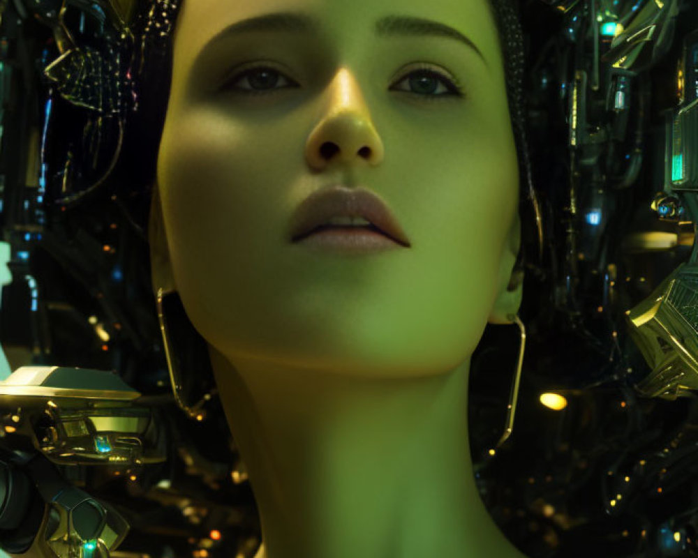 Futuristic woman with cybernetic enhancements and green headgear in sci-fi setting