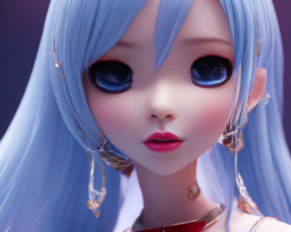 Close-up of doll with large blue eyes, blue hair, and intricate gold jewelry