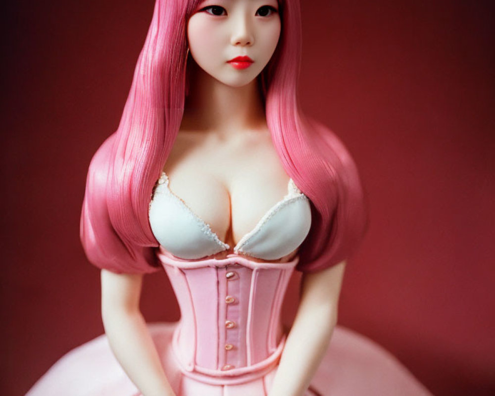 Pink-haired doll in floral headband and corset, pink skirt, on red backdrop.