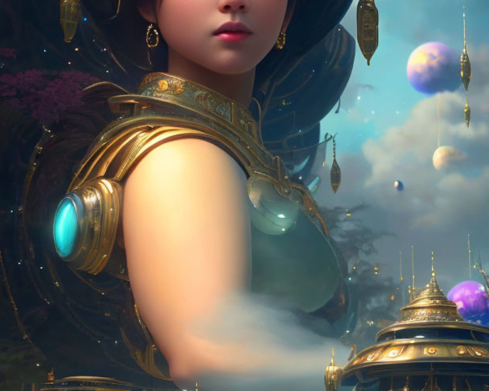 Woman in Golden Futuristic Armor Amid Fantasy Landscape