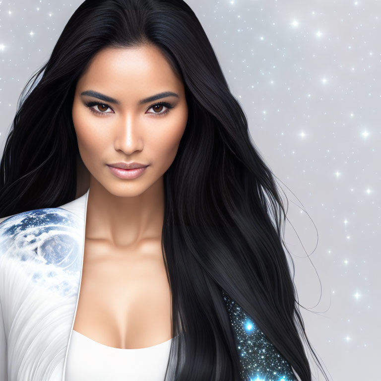 Photorealistic image of woman with black hair in cosmic-themed dress.