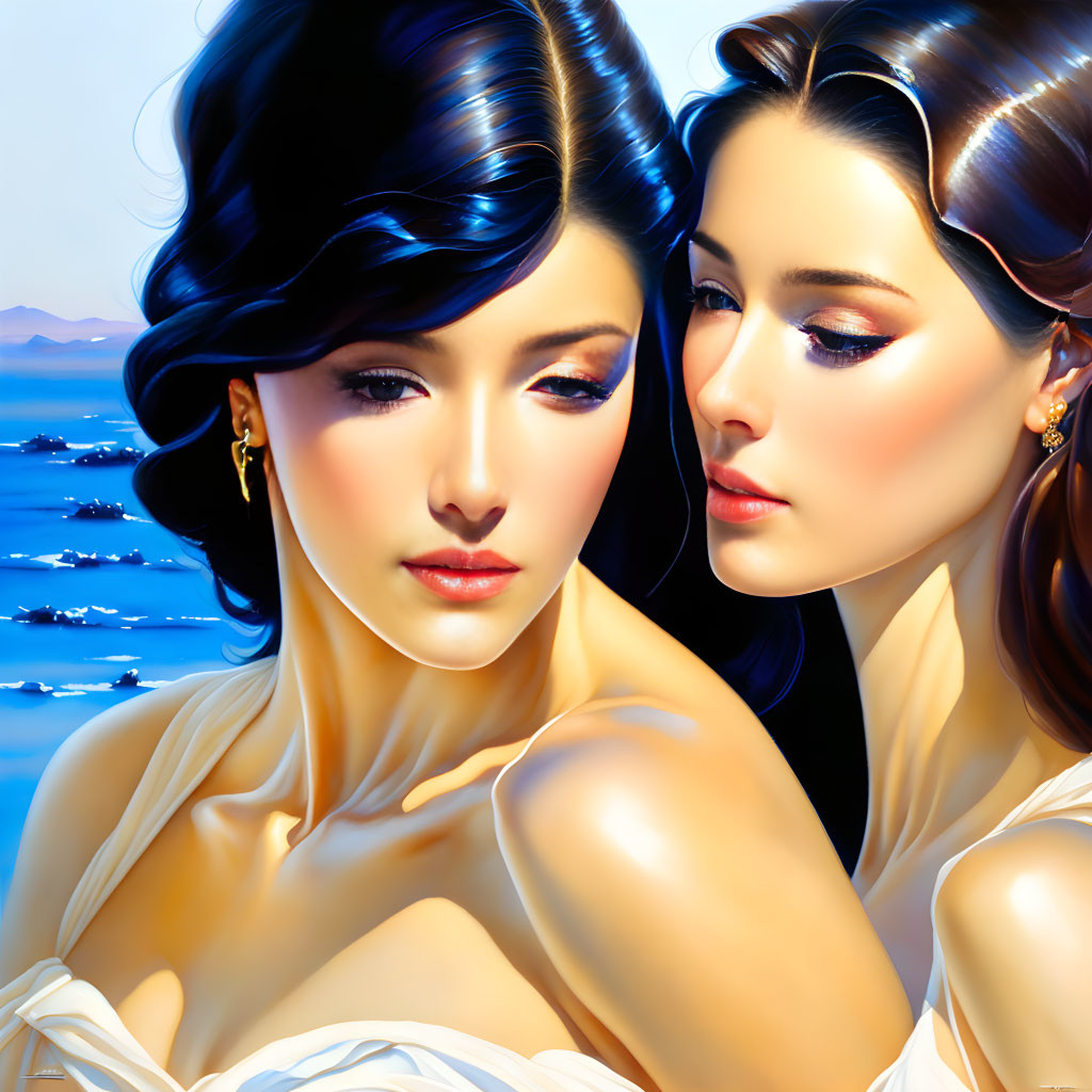 Stylized women with glossy hair and makeup by sunlit sea