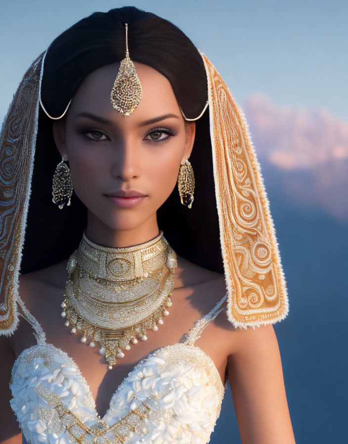 Elaborate Headdress Woman in 3D Rendered Image