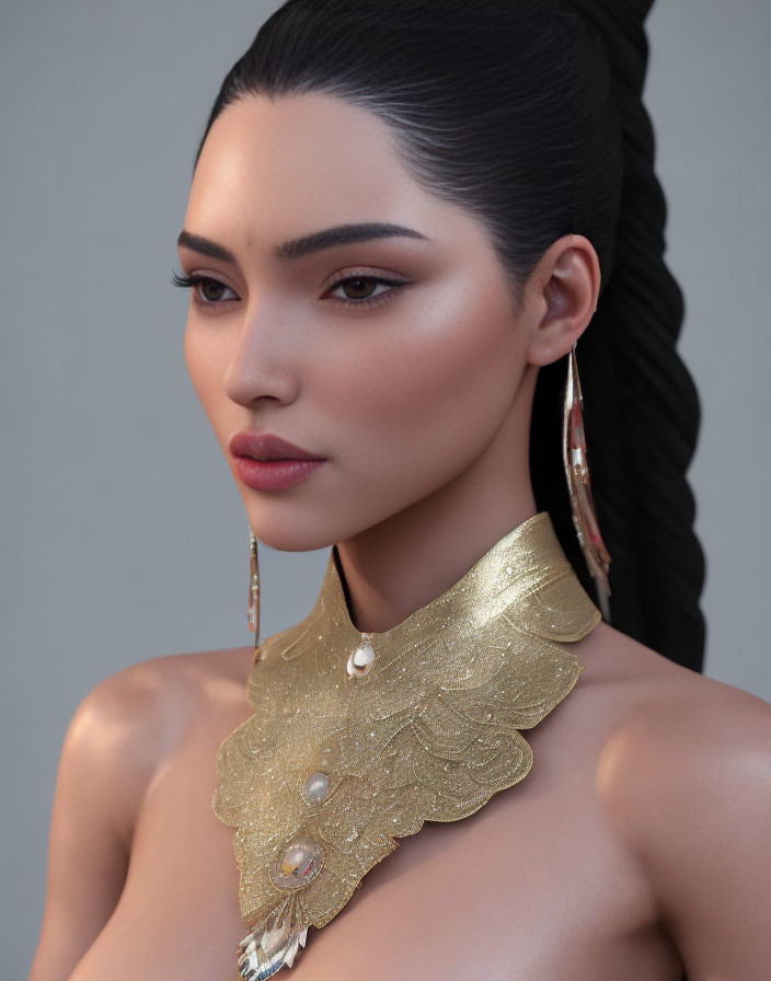 Woman with sleek ponytail in statement gold jewelry