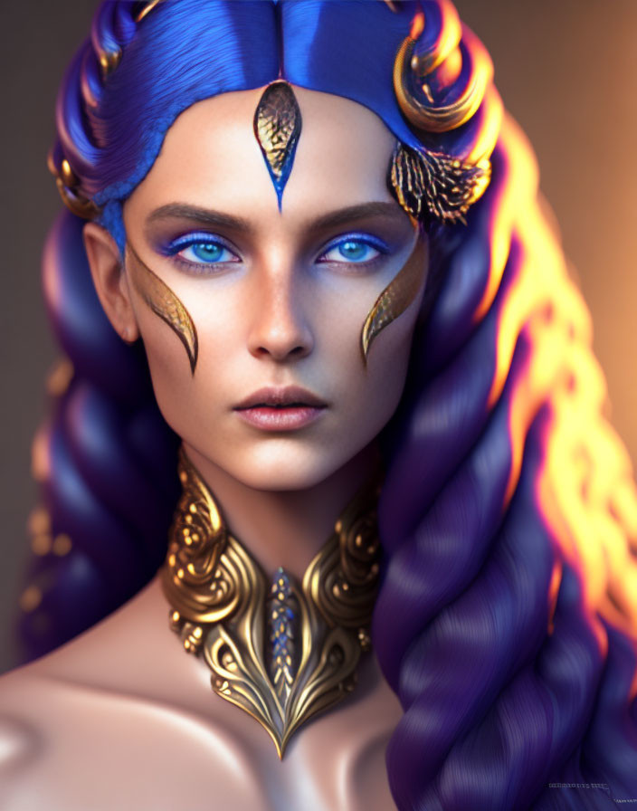 Fantasy female character digital portrait with blue hair and gold jewelry