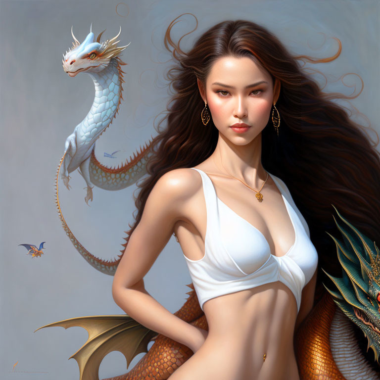 Woman with Long Flowing Hair and Dragon on Shoulder in Fantasy Art