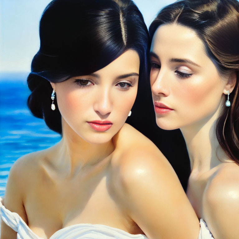 Two women with elegant hairstyles and subtle makeup by the sea.