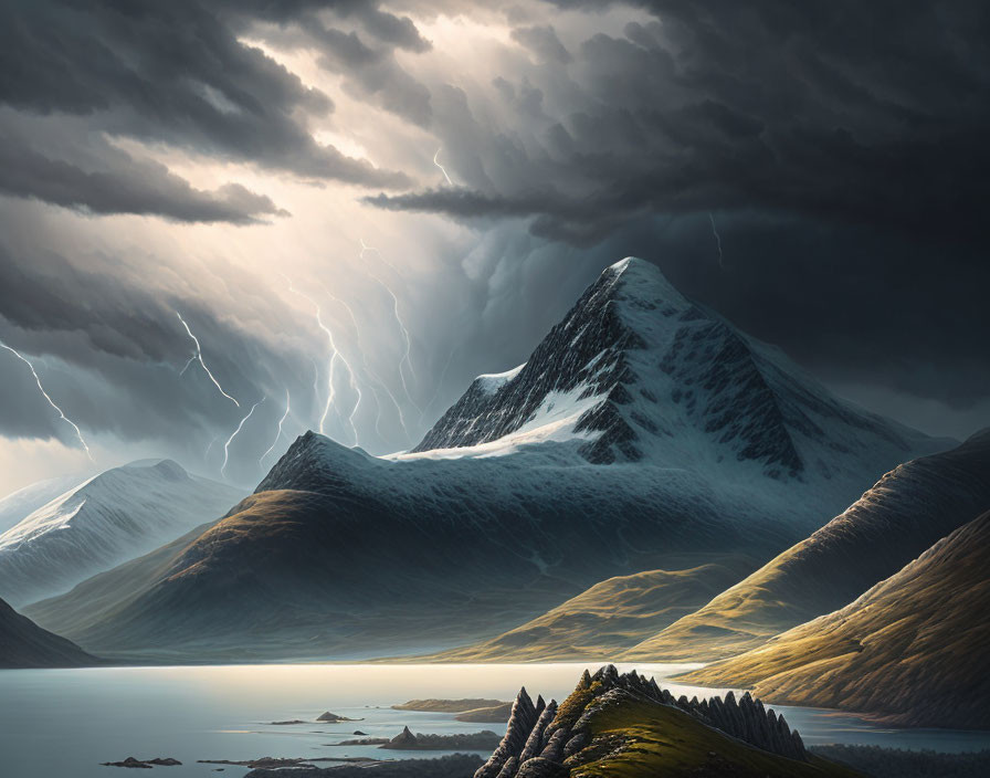 Snow-capped mountain peak in stormy landscape with lightning strikes