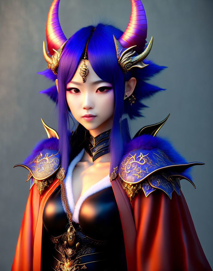 Blue-skinned character with purple hair and golden horns in red cloak and armor