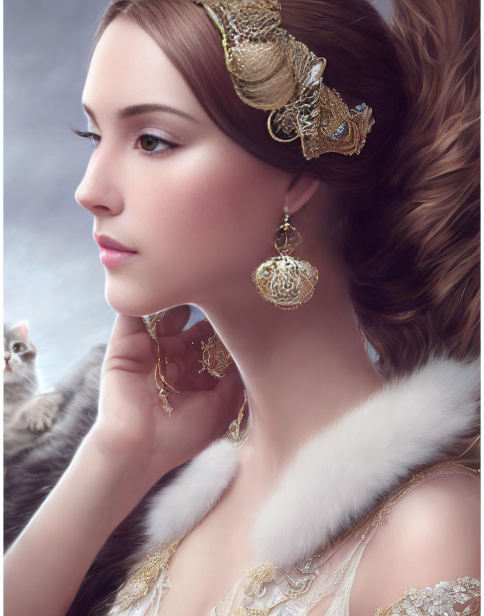 Elegant woman with gold headpiece and kitten on shoulder gazes thoughtfully.