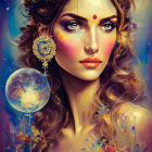 Fantasy illustration of woman with cosmic-themed accessories and celestial roses