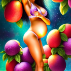 Female animated character in lingerie surrounded by oversized fruit and serene backdrop