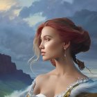 Portrait of elegant woman with serene expression, intricate updo, circlet, dramatic cliffside, ocean