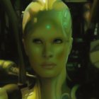 Futuristic woman with cybernetic enhancements and green headgear in sci-fi setting