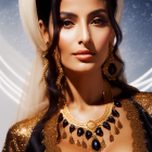 Luxurious woman in golden jewelry with cosmic backdrop