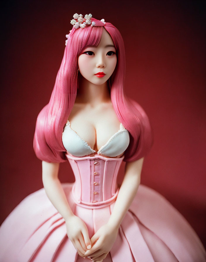 Pink-haired doll in floral headband and corset, pink skirt, on red backdrop.