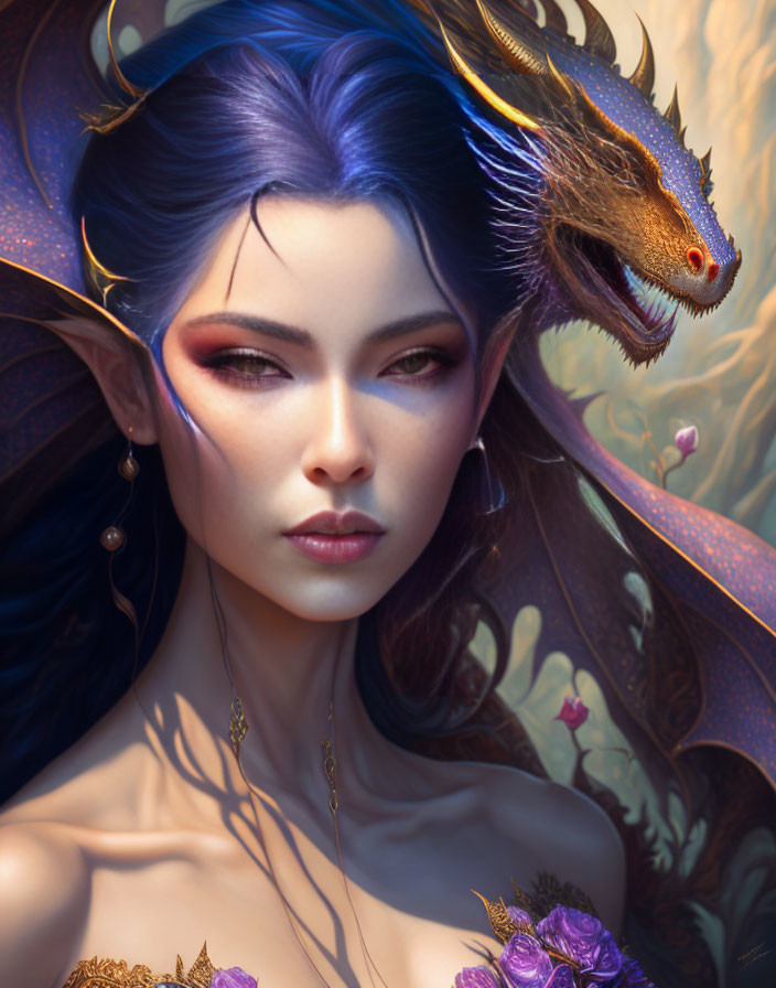 Fantasy portrait of woman with blue-purple hair and elfin ears with golden dragon in floral setting