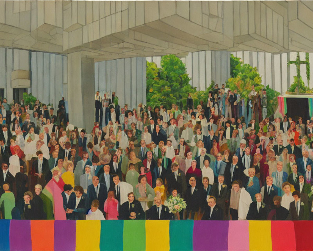 Colorful painting of diverse crowd in grand hall with banners and greenery