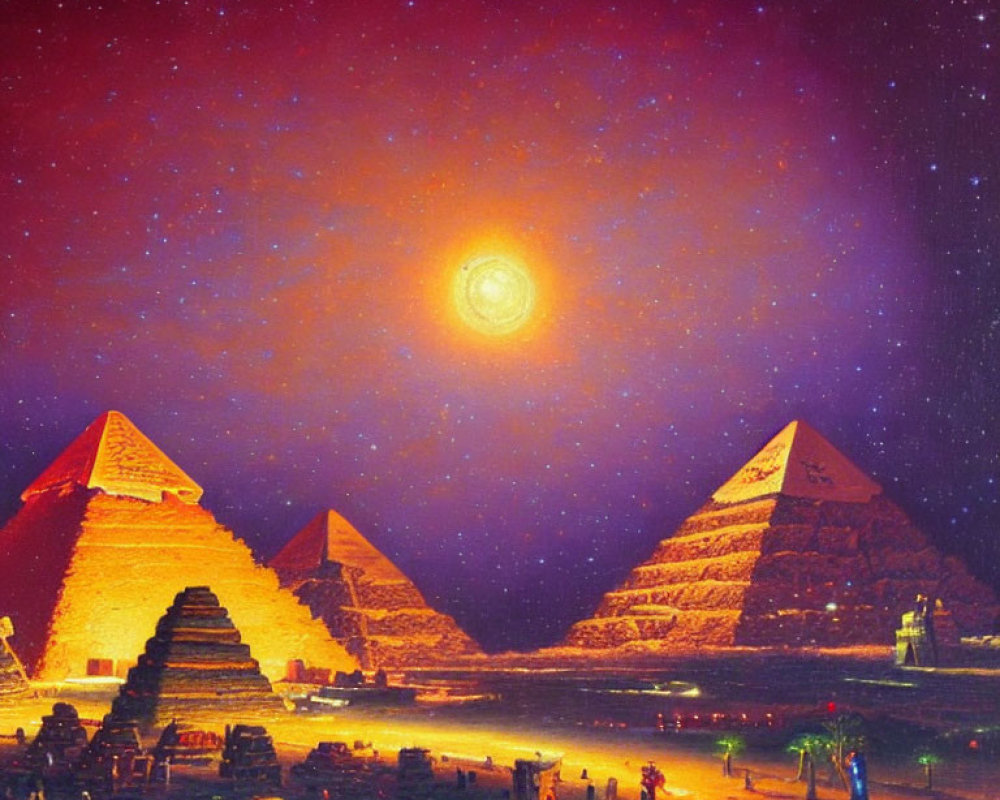 Egyptian Pyramids under Starry Night Sky with Radiant Celestial Body