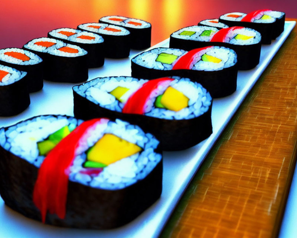 Assorted Sushi Rolls Displayed on Glossy Surface