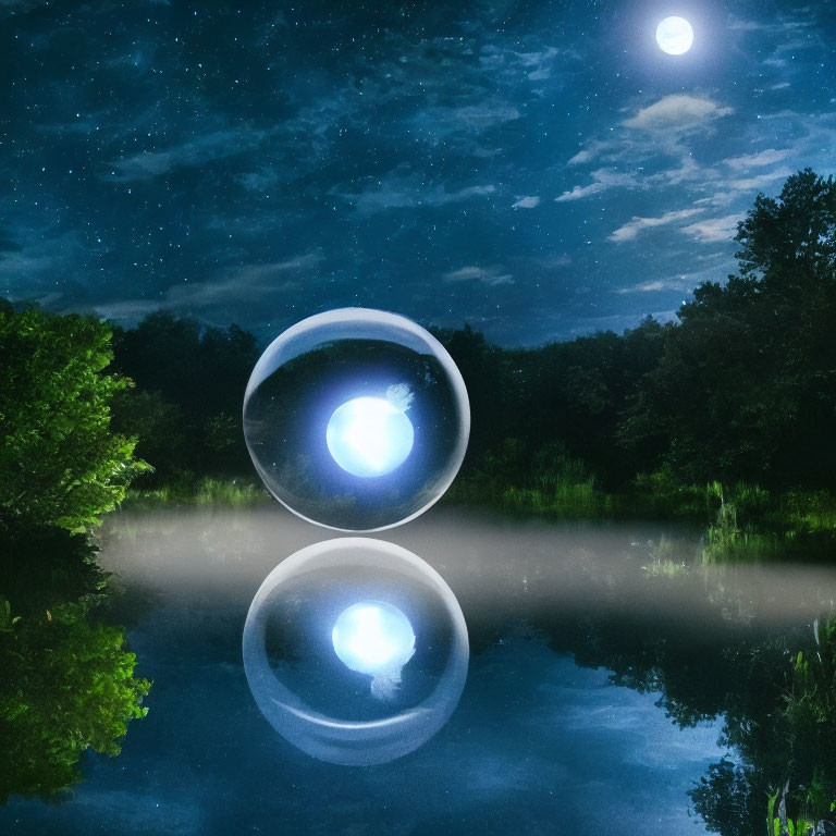 Tranquil night landscape with glowing orb above calm lake